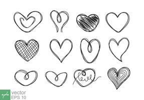 Grunge hearts black and white icon. Heart line sketch, hand drawn style. Wedding, love, frame element design. Vector illustration isolated on white background. EPS 10.