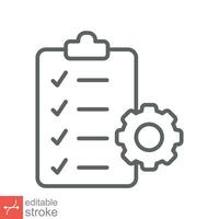 Clipboard with gear icon. Simple outline style. Project plan, document, task check list, cog, management concept. Thin line vector illustration isolated on white background. Editable stroke EPS 10.