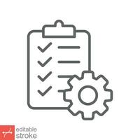 Clipboard with gear icon. Simple outline style. Project plan, document, task check list, cog, management concept. Thin line vector illustration isolated on white background. Editable stroke EPS 10.