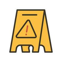 Yellow plastic slippery wet floor caution sign triangle with exclamation mark. Cleaning floor elements concept Warning icon for web and mobile. Vector illustration filled outline style. EPS10