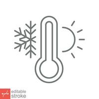 Weather temperature thermometer icon. Outline style sign for web and app. Thermometer with cold and hot symbol. Thin line vector illustration isolated on white background. Editable stroke EPS 10.