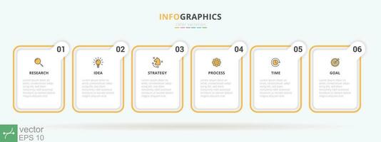 Business infographic design template with 6 part steps and icons. Business process timeline, diagram, can be used for presentation banner, layout, workflow, flow chart, info graph. Vector EPS 10.