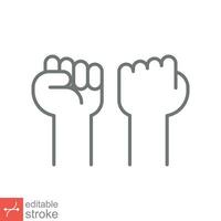 Fist raised up icon. Simple outline style. Strong arm, hand power, unity, revolution, protest, freedom concept. Thin line vector illustration isolated on white background. Editable stroke EPS 10.