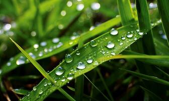 Fresh lush green grass on meadow with drops of water dew. Close-up macro. Generative AI tools photo