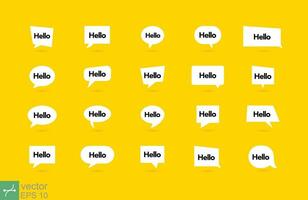 Hello speech bubble icon set. Hi, welcome banner, balloon message poster, fun concept. Simple flat style. Vector illustration isolated on yellow background. EPS 10.