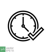 Check mark on clock icon. Simple outline style. Real time protection, perfect hour, circle watch, timer concept. Thin line vector illustration isolated on white background. EPS 10.