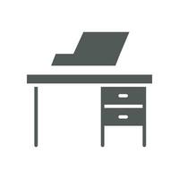 oficina escritorio, lugar de trabajo y trabajo, trabajando símbolo. estudiar mesa a hogar. pictograma computadora en escritorio, oficina cajones trabajo espacio. ordenador portátil en mesa icono. vector ilustración sólido, glifo estilo. eps 10