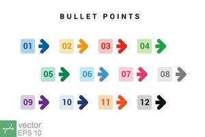 Direction number bullet points from one to twelve. Simple flat style. Number with arrow for list and tag infographic. Vector illustration isolated on white background. EPS 10.