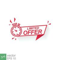 Red limited offer with clock for promotion, banner, price, sale. Label countdown time for exclusive deal, last chance. Alarm clock with limited offer isolated background. Vector illustration EPS 10.