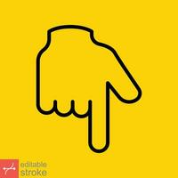 Backhand index pointing down icon. Simple outline style. Hand, down, arrow, finger concept. Thin line vector illustration isolated on yellow background. Editable stroke EPS 10.