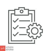 Clipboard with gear icon. Simple outline style. Project plan, document, task check list, cog, management concept. Thin line vector illustration isolated on white background. Editable stroke EPS 10.