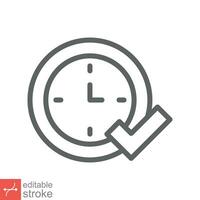 Check mark on clock icon. Simple outline style. Real time protection, perfect hour, circle watch, timer concept. Thin line vector illustration isolated on white background. Editable stroke EPS 10.