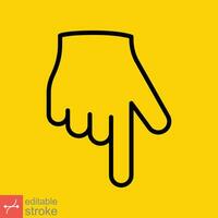 Backhand index pointing down icon. Simple outline style. Hand, down, arrow, finger concept. Thin line vector illustration isolated on yellow background. Editable stroke EPS 10.