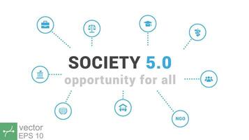 Society 5.0 banner, opportunity for all icon set. Problem solving and value creation, diversity, decentralisation, resilience, sustainability and environmental harmony. Vector illustration EPS 10.