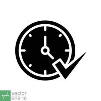 Check mark on clock icon. Simple solid style. Real time protection, perfect hour, circle watch, timer concept. Glyph vector illustration isolated on white background. EPS 10.