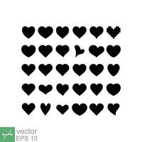 Black silhouette heart icon set. Simple flat style. Different shapes retro abstract romantic love graphic design collection. Vector illustration isolated on white background. EPS 10.