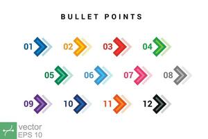 Direction number bullet points from one to twelve. Simple flat style. Number with arrow for list and tag infographic. Vector illustration isolated on white background. EPS 10.