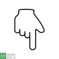 Pointing down icon. Simple outline style. Backhand index pointing down, forefinger, hand gesture pointer concept. Thin line vector illustration isolated on white background. EPS 10.