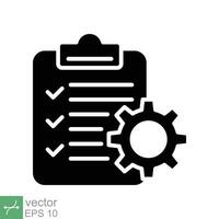 Clipboard with gear icon. Simple solid style. Project plan, document, compliant, task check list, cog, management concept. Glyph vector illustration isolated on white background. EPS 10.