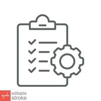 Clipboard with gear icon. Simple outline style. Project plan, document, task check list, cog, management concept. Thin line vector illustration isolated on white background. Editable stroke EPS 10.