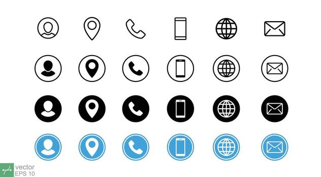 negocio tarjeta icono colocar. sencillo describir, Delgado línea, departamento, sólido, glifo estilo. modelo diseño, mínimo contacto símbolo, llamar, teléfono, web, DIRECCIÓN, social medios de comunicación. vector ilustración aislado. eps 10