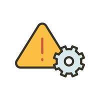 System error and not working sign. Settings icon with exclamation mark in triangle with gear wheel. Industry Problem. Gear, setting, warning icon. Vector illustration filled outline style EPS10