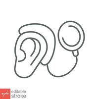 Cochlear implant icon. Simple outline style. Cybernetics, human ear with electronic device, technology, medical concept. Line vector illustration isolated on white background. Editable stroke EPS 10.