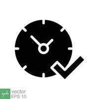 Check mark on clock icon. Simple solid style. Real time protection, perfect hour, circle watch, timer concept. Glyph vector illustration isolated on white background. EPS 10.