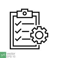 Clipboard with gear icon. Simple outline style. Project plan, document, compliant, task check list, cog, management concept. Thin line vector illustration isolated on white background. EPS 10.