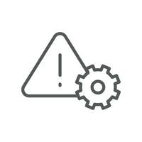 System error and not working sign. Settings icon with exclamation mark in triangle with gear wheel. Industry Problem. Gear, setting, warning icon. Vector illustration filled outline style EPS10