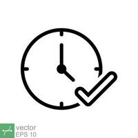 Check mark on clock icon. Simple outline style. Real time protection, perfect hour, circle watch, timer concept. Thin line vector illustration isolated on white background. EPS 10.