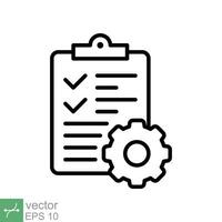 Clipboard with gear icon. Simple outline style. Project plan, document, compliant, task check list, cog, management concept. Thin line vector illustration isolated on white background. EPS 10.