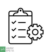 Clipboard with gear icon. Simple outline style. Project plan, document, compliant, task check list, cog, management concept. Thin line vector illustration isolated on white background. EPS 10.