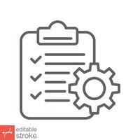 Clipboard with gear icon. Simple outline style. Project plan, document, task check list, cog, management concept. Thin line vector illustration isolated on white background. Editable stroke EPS 10.