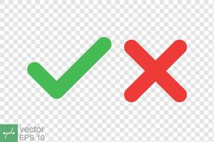 Checkmark cross icon. Simple flat style. Red x, green tick, check mark, right and wrong concept. Vector illustration isolated on editable background. EPS 10.