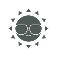 Happy summer Cheerful sun character with sunglasses in tropical island. Yellow smiling summer sun in glasses. Heat, hot, sunlight, vacation icon. Vector illustration solid, glyph style. EPS 10