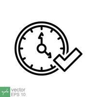 Check mark on clock icon. Simple outline style. Real time protection, perfect hour, circle watch, timer concept. Thin line vector illustration isolated on white background. EPS 10.