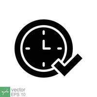 Check mark on clock icon. Simple solid style. Real time protection, perfect hour, circle watch, timer concept. Glyph vector illustration isolated on white background. EPS 10.