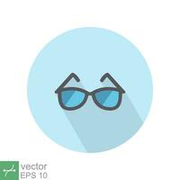 Sun glasses icon. Simple flat style. Black eyewear for female and male, accessory, summer concept. Sunglasses sign with long shadow. Vector illustration symbol isolated on white background. EPS 10.