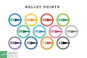 Direction number bullet points from one to twelve. Simple flat style. Number with arrow for list and tag infographic. Vector illustration isolated on white background. EPS 10.