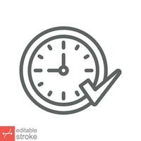 Check mark on clock icon. Simple outline style. Real time protection, perfect hour, circle watch, timer concept. Thin line vector illustration isolated on white background. Editable stroke EPS 10.