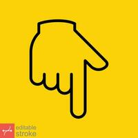 Backhand index pointing down icon. Simple outline style. Hand, down, arrow, finger concept. Thin line vector illustration isolated on yellow background. Editable stroke EPS 10.