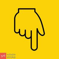 Backhand index pointing down icon. Simple outline style. Hand, down, arrow, finger concept. Thin line vector illustration isolated on yellow background. Editable stroke EPS 10.