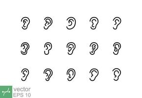 Ear icon set. Simple outline style. Ear listen music, noise, audition concept. Thin line vector illustration isolated on white background. EPS 10.