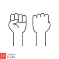 Fist raised up icon. Simple outline style. Strong arm, hand power, unity, revolution, protest, freedom concept. Thin line vector illustration isolated on white background. Editable stroke EPS 10.