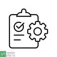 Clipboard with gear icon. Simple outline style. Project plan, document, compliant, task check list, cog, management concept. Thin line vector illustration isolated on white background. EPS 10.