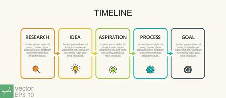 Business process. Timeline infographics with 5 steps, rectangle, arrows with icons. Can be used for info graphics, flow charts, presentations, web sites, banners, printed materials. Vector EPS 10.