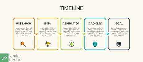 Business process. Timeline infographics with 5 steps, rectangle, arrows with icons. Can be used for info graphics, flow charts, presentations, web sites, banners, printed materials. Vector EPS 10.