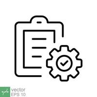 Clipboard with gear icon. Simple outline style. Project plan, document, compliant, task check list, cog, management concept. Thin line vector illustration isolated on white background. EPS 10.