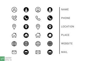 Business card icon set. Simple outline, thin line, flat, solid, glyph style. Template design, minimal contact symbol, call, phone, web, address, social media. Vector illustration isolated. EPS 10.